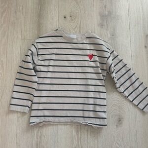 Zara Kids Beige Striped Long Sleeve Tee with Red Heart